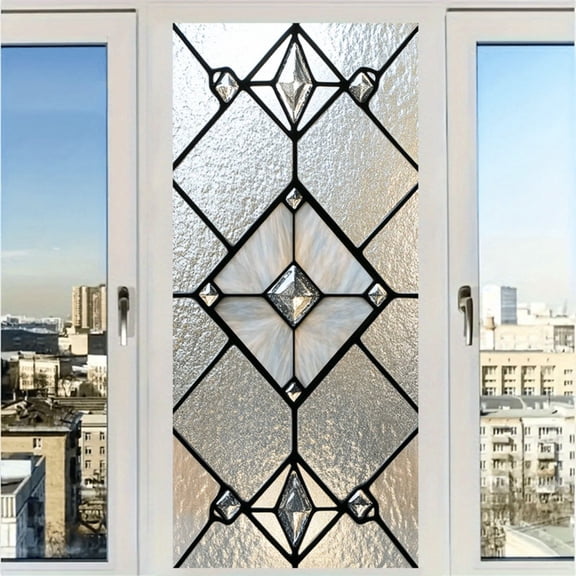 Diamond Geometry Stained Glass Window Film, 17.7 x 39.3 Inch Static Cling Privacy Film, Sun Blocking Removable Decor Glass Cover for Bathroom Living Room Home Decoration