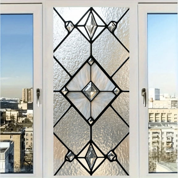 Diamond Geometry Stained Glass Window Film, 17.7 x 39.3 Inch Static Cling Privacy Film, Sun Blocking Removable Decor Glass Cover for Bathroom Living Room Home Decoration