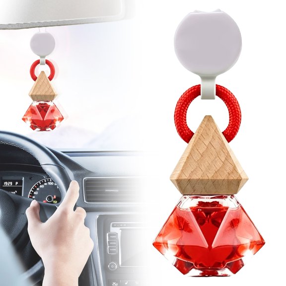 Diamond Glass Car Hanging Air Freshener, Wooden Cap Empty Perfume Bottle, Rearview Mirror Fragrance Diffuser Pendant, 8ml Refillable Aroma Container,Hanging Fragrance Holder