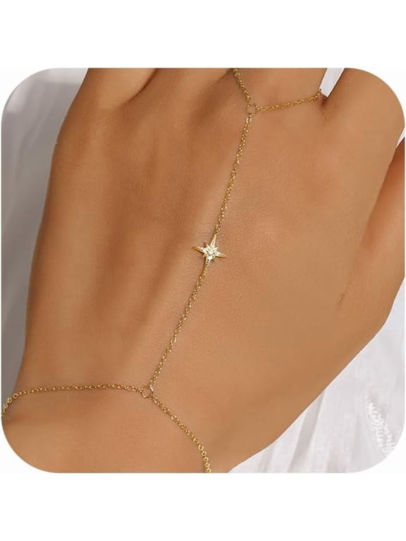 Diamond Gold Bracelet Rings Hand Chain for Women, 925 Sterling Silver White CZ Heart Finger 14k Gold Plated Dainty Trendy Layered Stackable Link Chain Body Summer Jewelry Christmas Wedding Gift