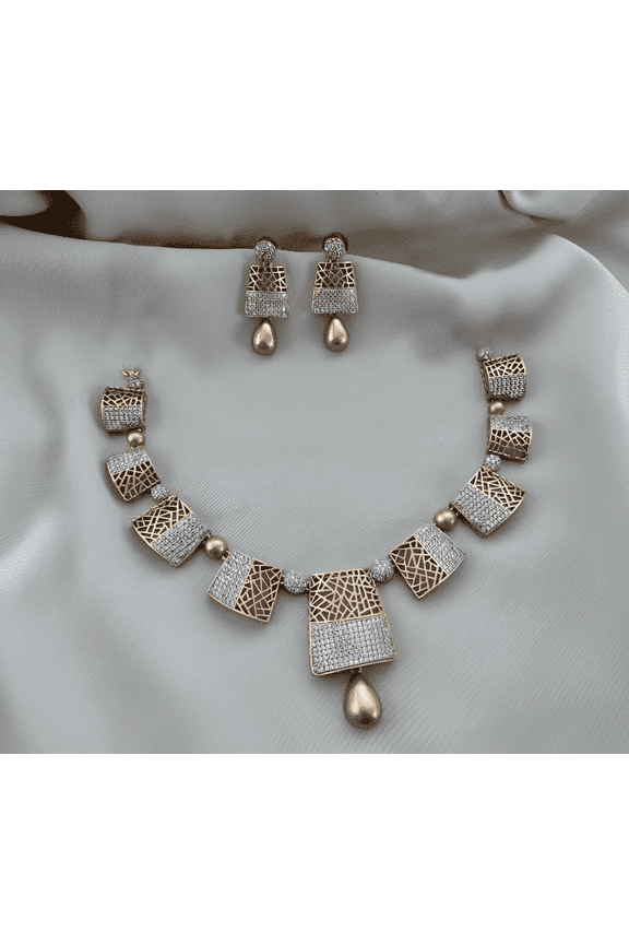 Diamond Gold Necklace - Indian Designer CZ Jewelry, AD Gold Plated Necklace, South Indian Temple Bridal Wedding Jewelry Set for Women