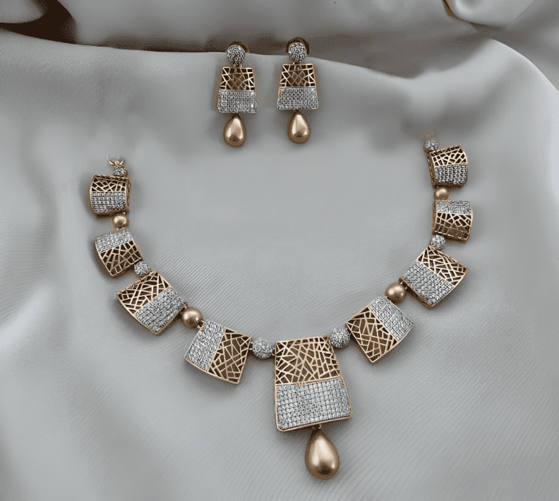 HAYAJEWEL Diamond Gold Necklace - Indian Designer CZ Jewelry, AD Gold Plated Necklace, South Indian Temple Bridal Wedding Jewelry Set for Women