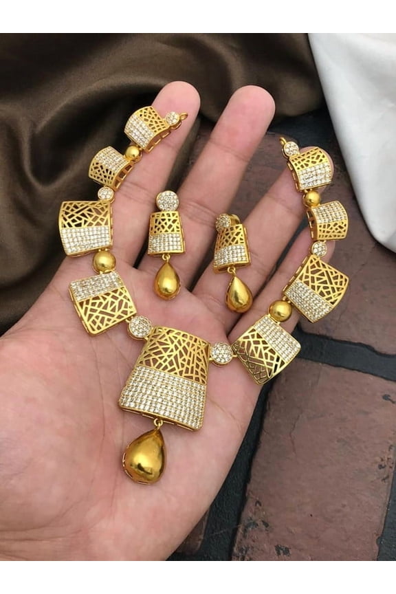 Diamond Gold Necklace - Indian Designer CZ Jewelry, AD Gold Plated Necklace, South Indian Temple Bridal Wedding Jewelry Set for Women