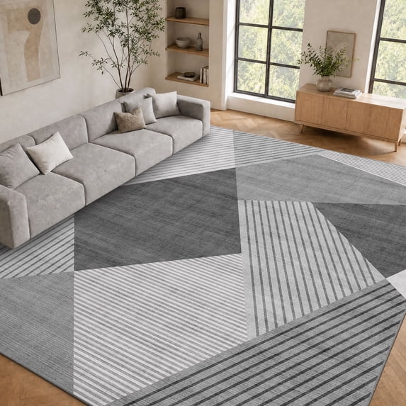 Pentantan 5'x7' Area Rugs for Living Room, Machine Washable Modern Geometric Neutral Rug, Non Slip Low Pile Waterproof Indoor Carpet for Bedroom Dining Room Office, Easy to Clean, Gray