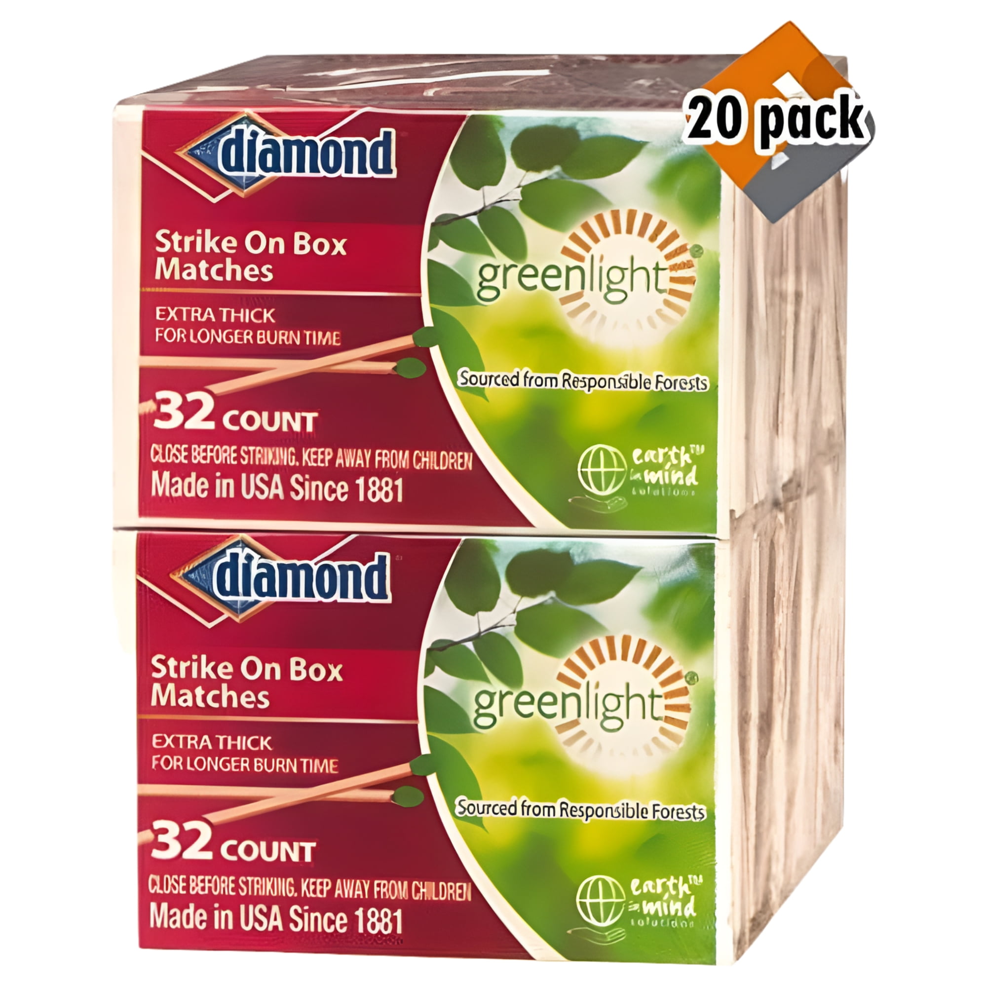 Diamond Greenlight Strike On Wooden Matches, (32 Count 20 Pack)