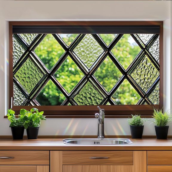 Diamond Grid Privacy Window Film Textured Green Glass Look Static Cling Sticker for Home Bathroom Kitchen Office Glass Door Window Decor No Adhesive Decorative Panel