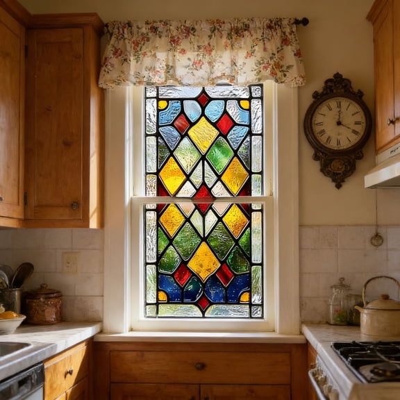Diamond Grid Stained Glass Window Film, Colorful Textured Static Cling Window Sticker, Decorative Privacy Film No Glue Reusable Sun Blocking Window Cling for Home Office Glass Decor