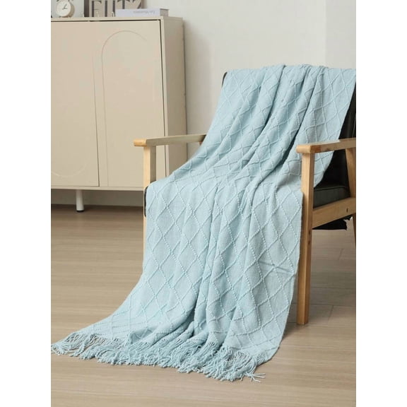 Diamond Grid Textured Knit Throw Blanket In Diamond Scarf Blue, Soft Acrylic With Fringe, All-Season Sofa Bed Decor