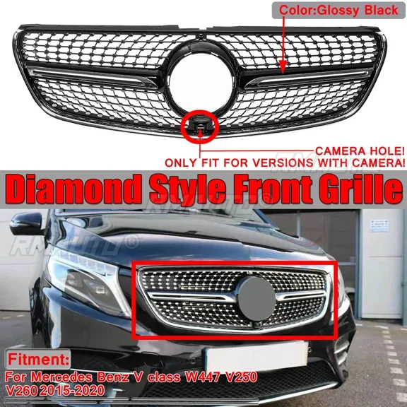 Diamond Grill W447 Car Front Grill With Camera For Mercedes For Benz V Class W447 V250 V260 2015-2020 Black / Chrome Body Kit