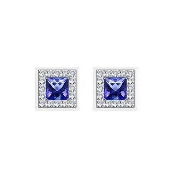 Diamond Halo Ceylon Blue Sapphire 4.60 CT Stud Earring, 14K White Gold