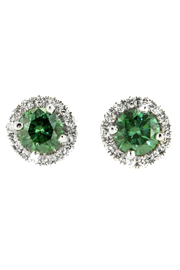 Diamond Halo Earrings Fancy Green Color Treated Round VS2 14K White Gold 0.92TCW