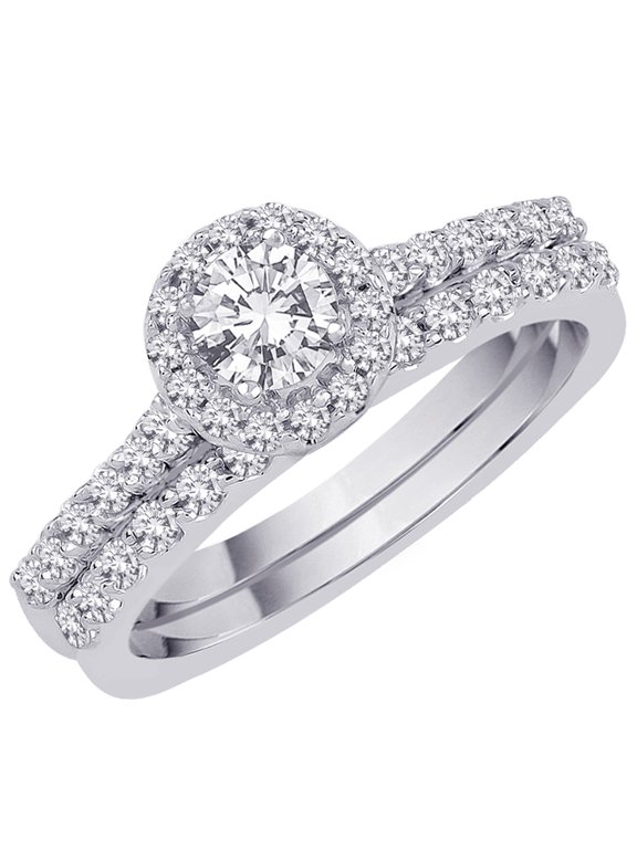 Diamond Halo Engagement Ring with Matching Band in 14K White Gold with Euro Shank (1 1/4 cttw)