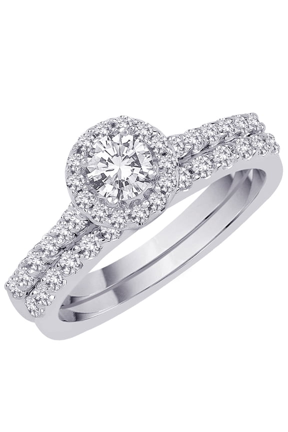 Diamond Halo Engagement Ring with Matching Band in 14K White Gold with Euro Shank (1 1/4 cttw)