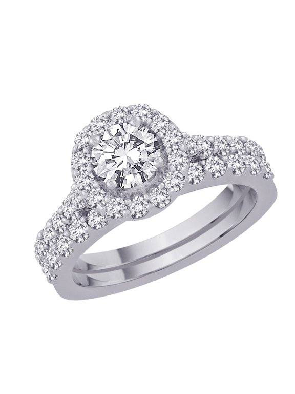 Diamond Halo Engagement Ring with Matching Band in 14K White Gold with Euro Shank (1 3/4 cttw)
