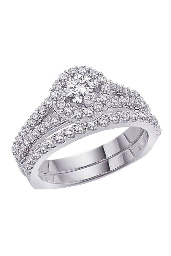 Diamond Halo Euro Shank Bridal Engagement Ring with Matching Band in 14K White Gold (1 1/3 cttw)