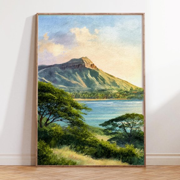 Diamond Head Hawaii Coast Tropical Landscape Travel Poster, Unframed Paper Print Size 8x12
