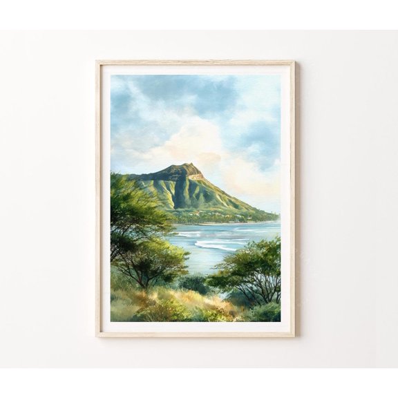 Diamond Head Hawaii Diamond Head State Monument Wall Art, Unframed Paper Poster 8x10in