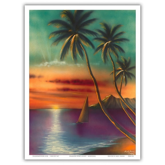 Diamond Head Sunset - Honolulu Hawai’i - Vintage Hawaiian Airbrush Art by Moki Hana - Master Art Print (Unframed) 9in x 12in