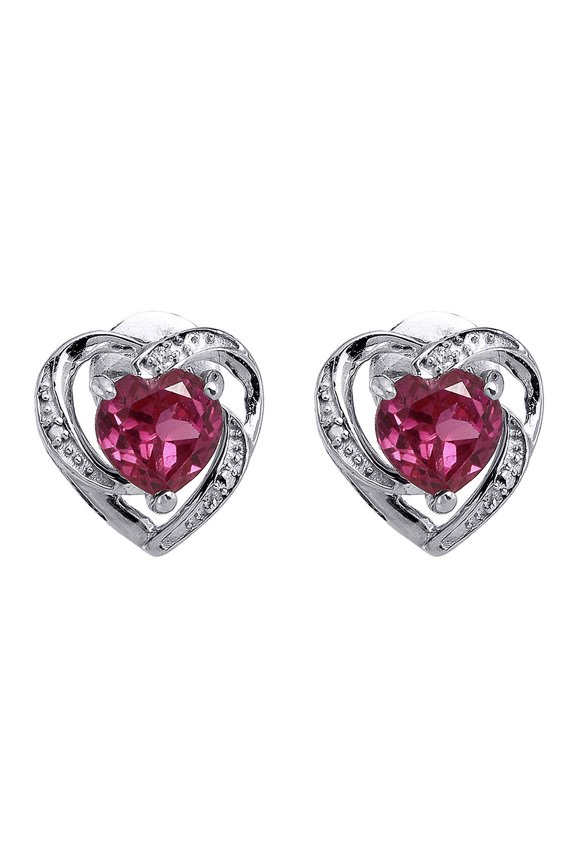 Diamond Heart Earrings Sterling Silver Solitaire Created Pink Sapphire 2.21 Tcw