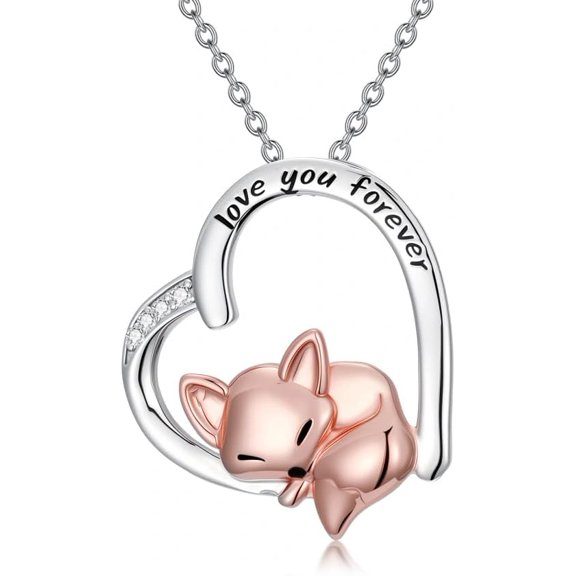Diamond Heart Fox Necklace for Women S925 Sterling Silver Lab Grown Diamond Fox Necklace Love You Forever Gift for Mom Her