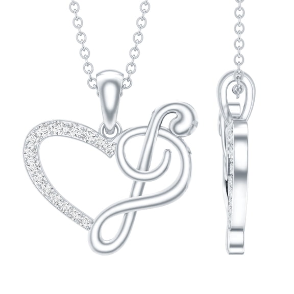 Rosec Jewels Natural Diamond Heart Pendant Chain with Music Note - HI-SI Quality - Ready to Gift for Valentines Day, 925 Sterling Silver