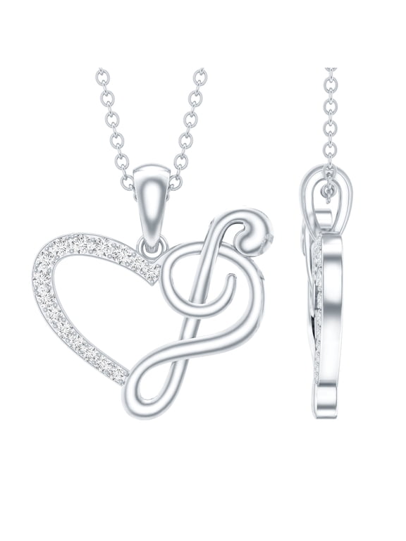 Natural Diamond Heart Pendant Chain with Music Note - HI-SI Quality - Ready to Gift for Valentines Day, 925 Sterling Silver