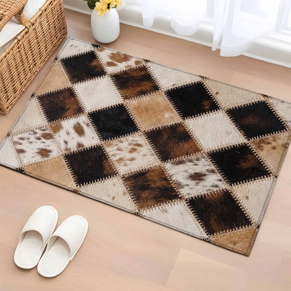 Diamond Hide Entryway Rug 2'x3' Rustic Vintage Abstract Brown Black Cream Diamond Plaid Small Area Rug Non-Slip Front Door Mat Washable Floor Carpet for Indoor Entrance Kitchen Bathroom