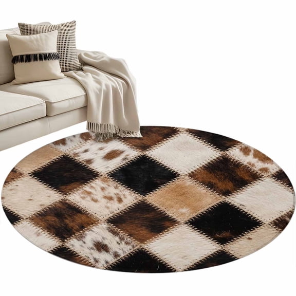 Diamond Hide Round Living Room Rugs 4 ft, Rustic Vintage Abstract Brown Black Cream Diamond Plaid Washable Area Rug with Non-Slip Edge Binding Round Carpet for Entryway Kitchen Bedroom Bathroom
