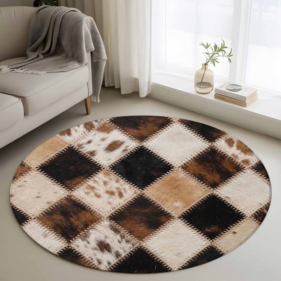 Diamond Hide Round Rugs for Living Room 3ft Rustic Vintage Abstract Brown Black Cream Diamond Plaid Non Slip Circle Rug Washable Low-Profile Indoor Carpet for Bedroom, Dining Room, Bathroom