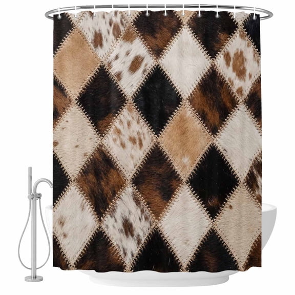 Diamond Hide Shower Curtain for Bathroom, Rustic Vintage Abstract Brown Black Cream Diamond Plaid Waterproof Cloth Fabric Bathroom Accessories Set with 12 Rust Proof Plastic Hooks, 72"x72"