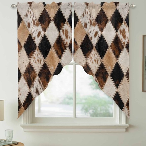 Diamond Hide Swag Kitchen Curtain Valances, Rustic Vintage Abstract Brown Black Cream Diamond Plaid Rod Pocket Curtains Window Treatment Decor Valances for Bedroom Bathroom, 2 Panels 36 x 36 Inch