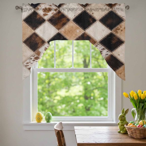 Diamond Hide Swag Valances for Kitchen Window, Rustic Vintage Abstract Brown Black Cream Diamond Plaid Small Swag Valances Rod Pocket Curtain Drapes Window Treatment for Bedroom Bathroom, 56x36 Inch