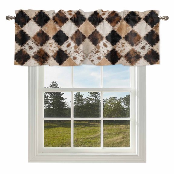 Diamond Hide Valances for Windows, 42x18in, Rustic Vintage Abstract Brown Black Cream Diamond Plaid Rod Pocket Kitchen Valance Curtain Light Filtering Window Treatments for Living Room Bedroom