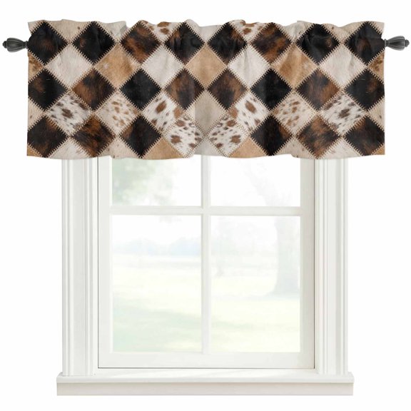 Diamond Hide Valances for Windows Rustic Vintage Abstract Brown Black Cream Diamond Plaid Rod Pocket Curtain Valance Window Treatment Short Curtains for Kitchen Living Room, 42"x18"
