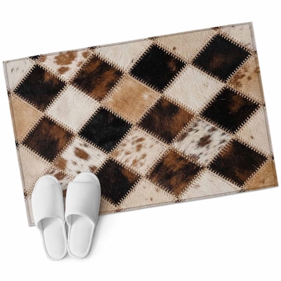 Diamond Hide Washable Small Entryway Area Rugs 2'x3', Rustic Vintage Abstract Brown Black Cream Diamond Plaid Low Pile Throw Rug Non-Slip Sturdy Edge Binding Carpet for Front Door Floor Room Entry