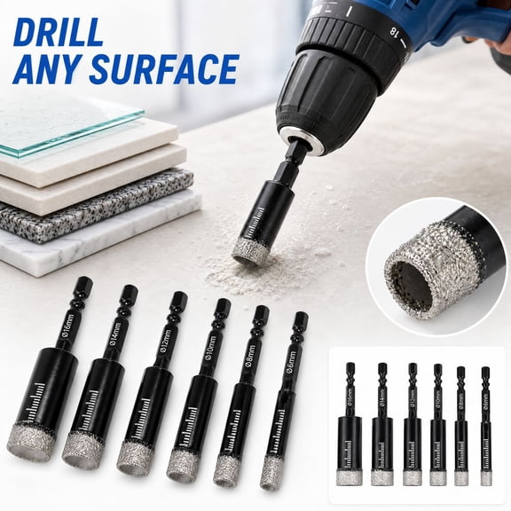 Diamond Hole Drill Bits 6 Piece Set Vacuum Brazed Diamond Tipped Core Cutters 1/4 Inch to 5/8 Inch Cutting Diameters for Ceramic Porcelain Glass Granite Drilling for Kitchen