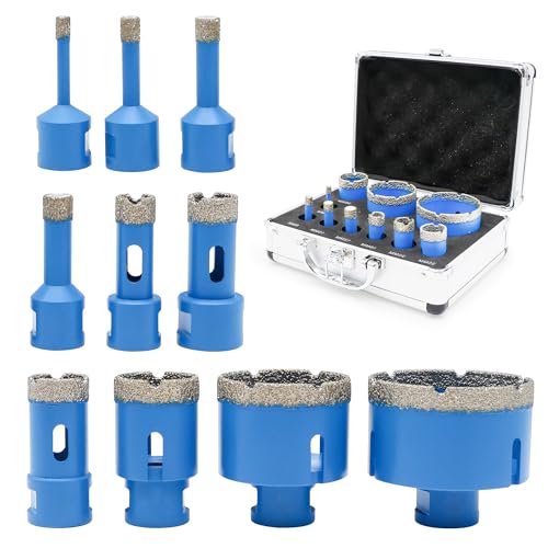 Diamond Hole Saw Drill Bits Set,5/8-11 Thread 6/8/10/12/16/20/25/35/55/68mm Diamond Core Drill Bits Set for Tile, Porcelain, Marble, Granite, Stone Triangle Shank with Storage Case 10pcs (Blue)$$