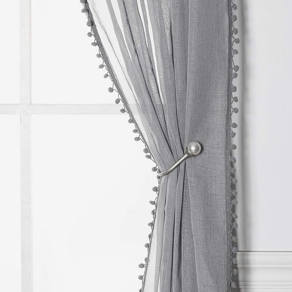 Diamond Home 2 Piece Set Linen Look Pom Pom Tasseled Rod Pocket Semi Sheer Window Treatment Panel Curtains/Drapes (52" X 84", Grey)