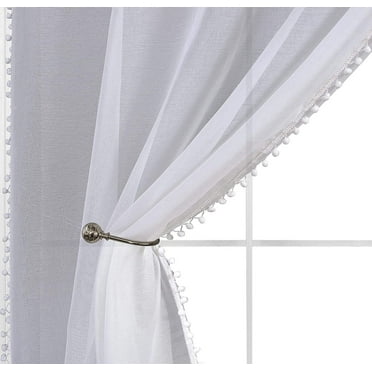 Diamond Home 2 Piece Set Linen Look Pom Pom Tasseled Rod Pocket Semi Sheer Window Treatment Panel Curtains/Drapes (52" X 84", White)