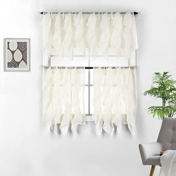 Diamond Home 3 Piece Cascade Sheer Vertical Ruffled Kitchen Window Curtain Tiers and Valance Set (24" Tiers & 16" Valance, Ivory)