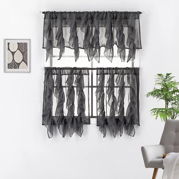 Diamond Home 3 Piece Cascade Sheer Vertical Ruffled Kitchen Window Curtain Tiers and Valance Set (36" Tiers & 16" Valance, Gray)