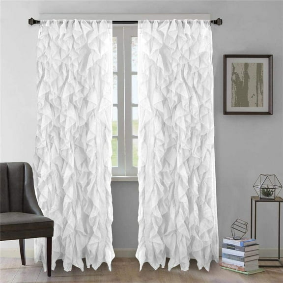 Diamond Home Cascade Window Panel Sheer Voile Vertical Ruffled Waterfall Curtains, 2 Piece Set (50"W x 84"L, White)