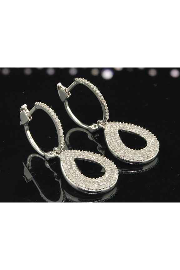 Diamond Hoop Danglers Ladies 10K White Gold Round Teardrop Earrings 0.85 Tcw.