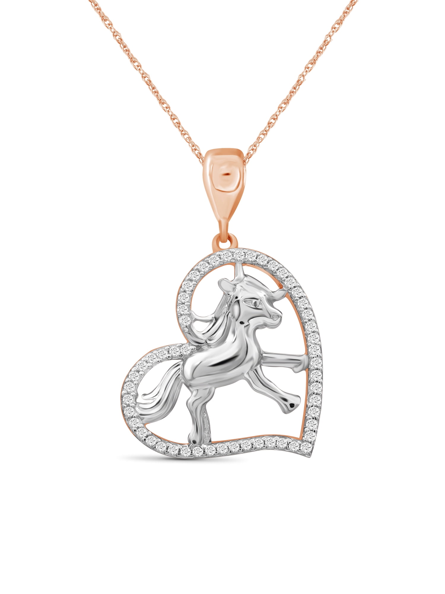 Diamond Horse Necklace Halloween Jewelry – 0.15 CTW White Diamond Halloween Necklace – Two Tone Sterling Silver Rope Chain with Horse Pendant – Witchy Jewelry for Women by JewelersClub