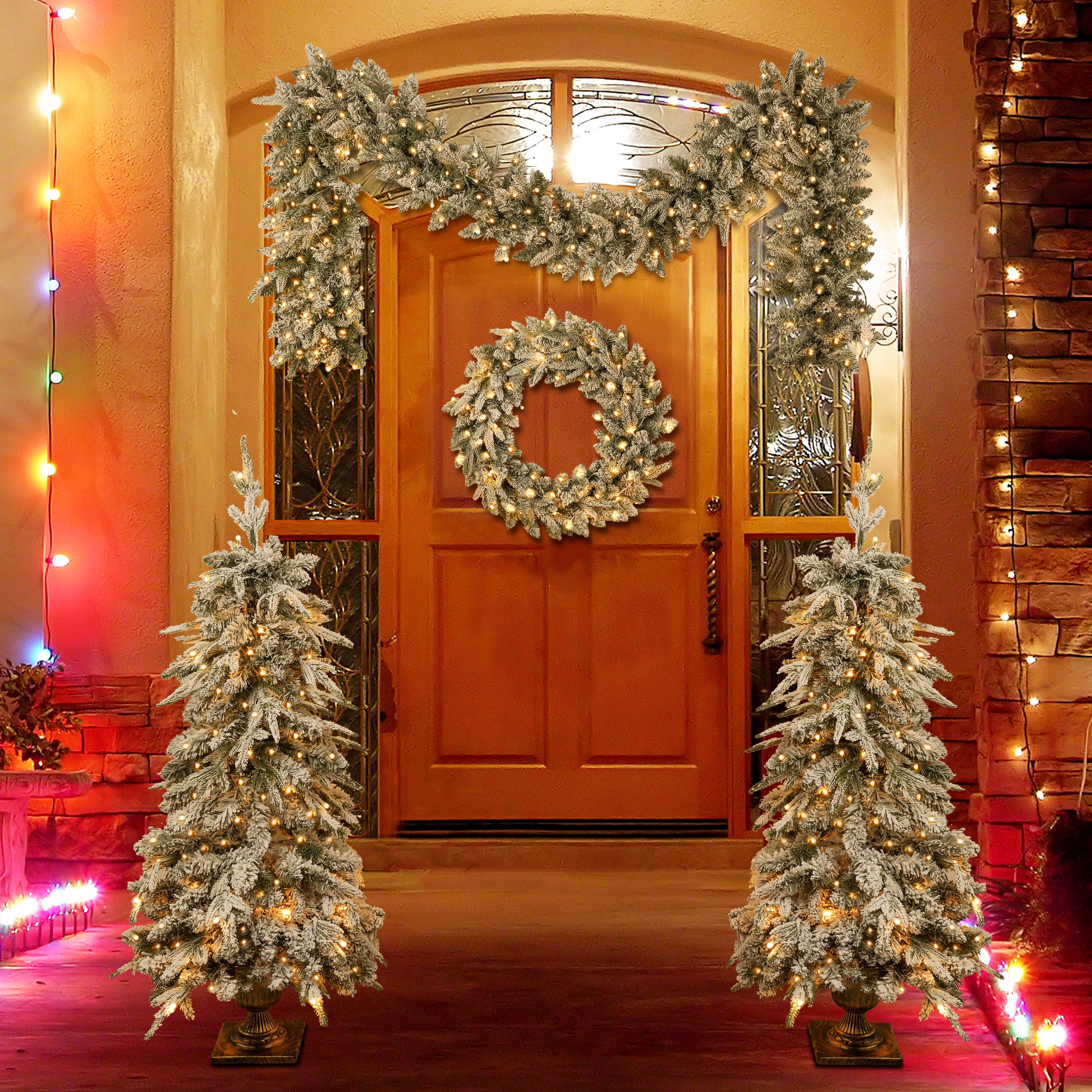 4-Piece Prelit Christmas Tree Set 330 Warm White LED Lights 840 Tips Entrance Tree Garland Wreath Indoor Decor