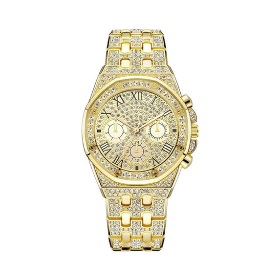 Diamond Iced Out Watch Gold Plated 40mm Width Roman Numerals Dial Quartz Wristband Watch for Men Women