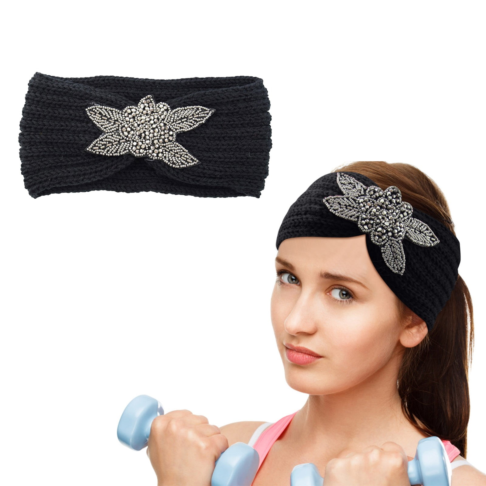 Diamond Inlaid Four Leaf Knitted Wool Hair Band Sports Hair Band Ear