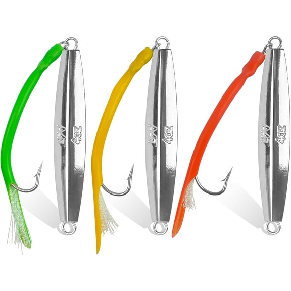 Diamond Jig Saltwater Fishing Lure,3pcs Casting Jigging Spoons with Split Tube Tail Striped Bass Flat Metal Jig for Surf Fishing 2oz