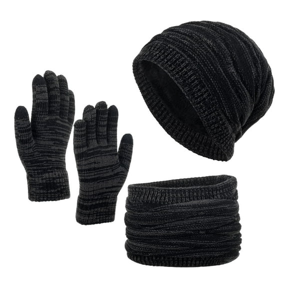 Diamond Knit Ear Warmer Hat Scarf Touch Screen Glove 3-Piece Sets,Winter Solid Wool Thermal Wind Resistant,Cold Block Head Neck Hand Matching Suit,Thick Lined Anti Freeze Ski Cycling,Black
