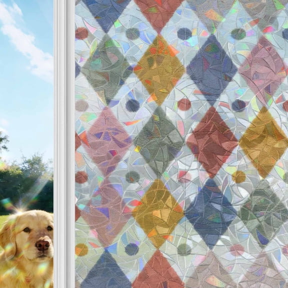 Diamond Lattice Rainbow Window Privacy Film, Colorful Diamonds Polka Dot Geometric Modern Stained Glass Window Film, Sun Blocking Static Cling Non Adhesive Door Stickers 17.7 x 39.3 Inches
